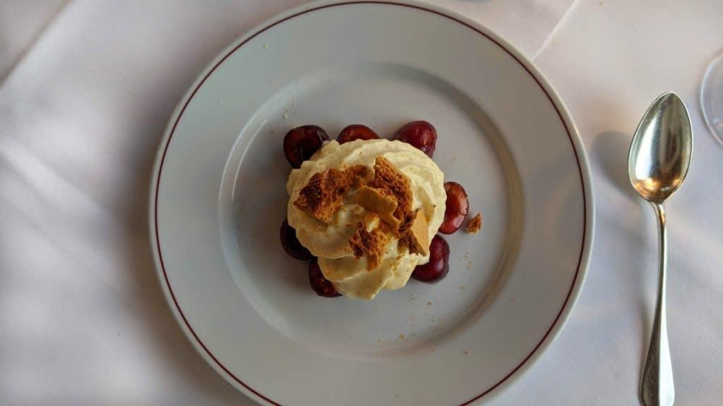 The dessert: hot cherries with an airy zabaglione mousse in hotel Bellevue des Alpes, Kleine Scheidegg, Switzerland