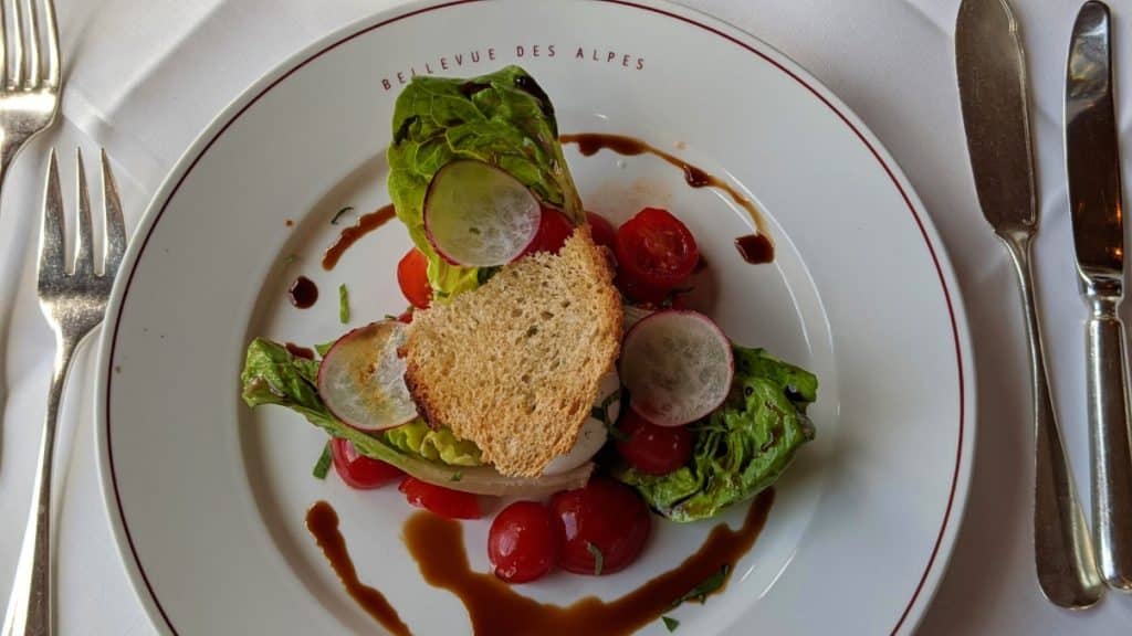 Burrata with tomatoes and radish as the second course in hotel Bellevue des Alpes, Kleine Scheidegg, Switzerland