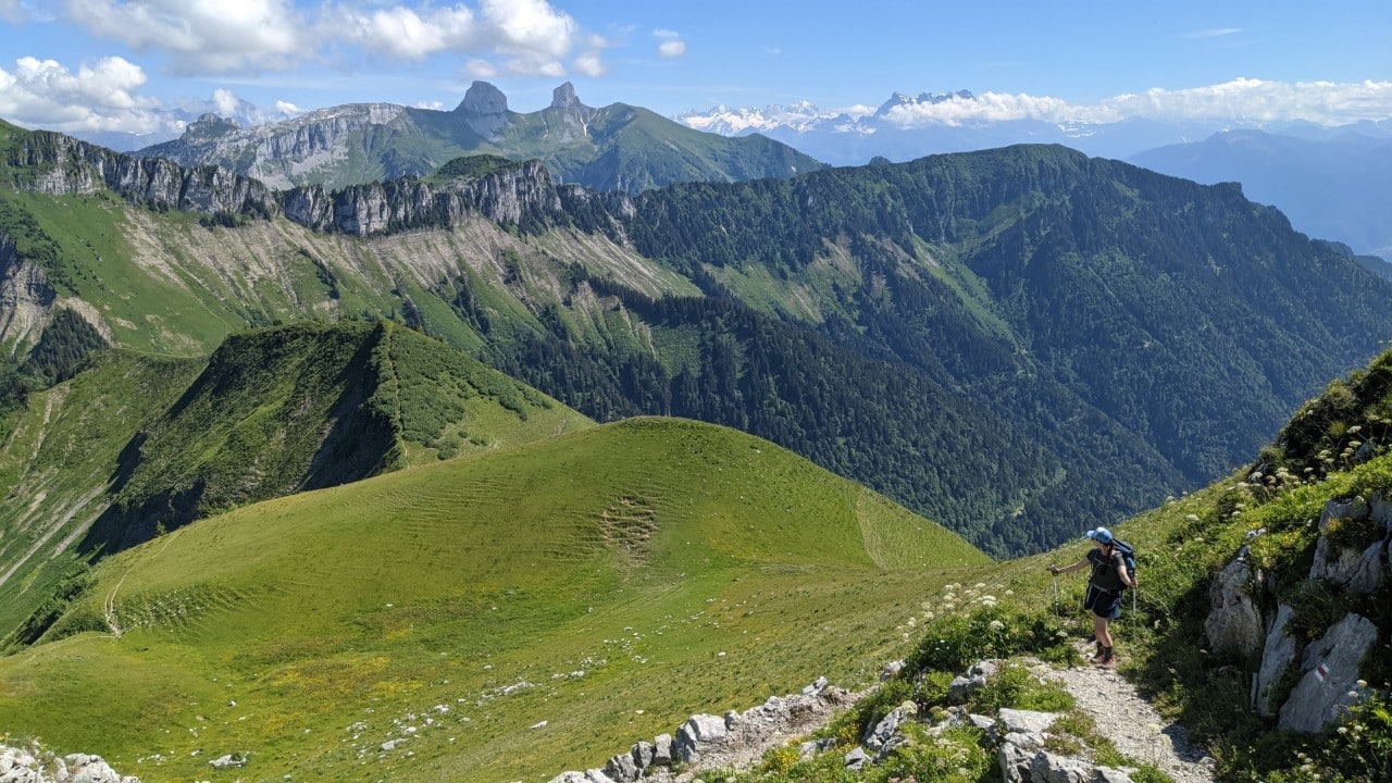 Look back to Via Alpina hiking trail from Rochers-de-Naye, Switzerland