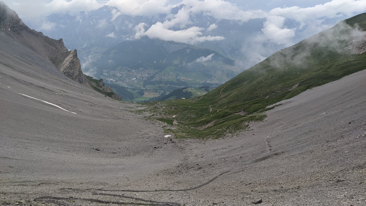 View from Bunderchrinde mountain pass on Via Alpina to Adelboden, Switzerland.