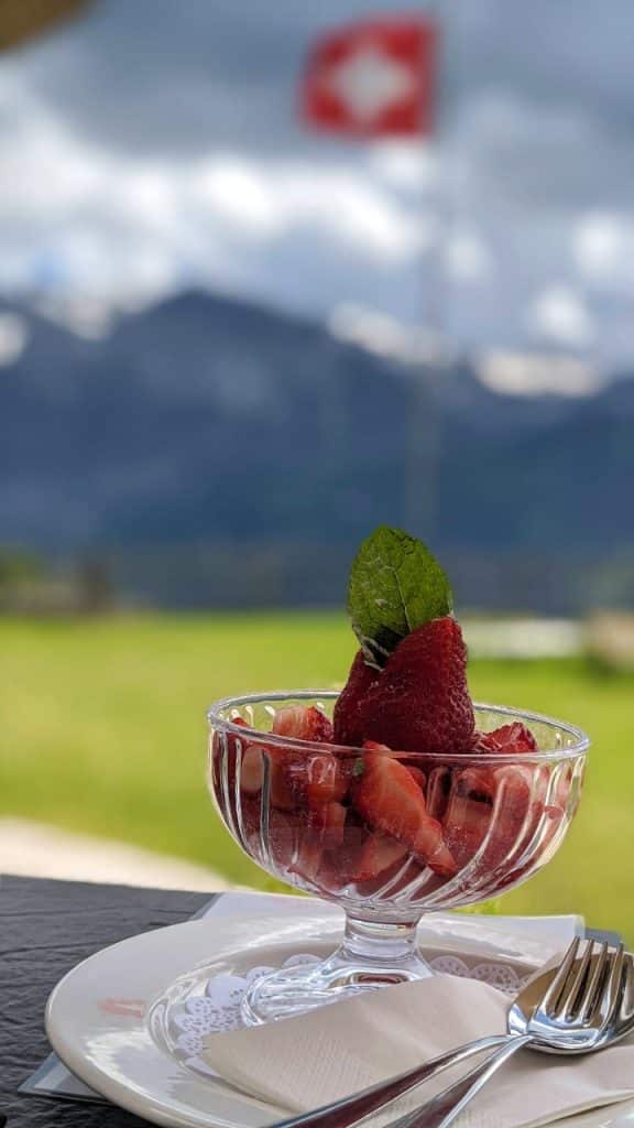 Strawberries with strawberry sorbet at restaurant Buehlberg in Lenk