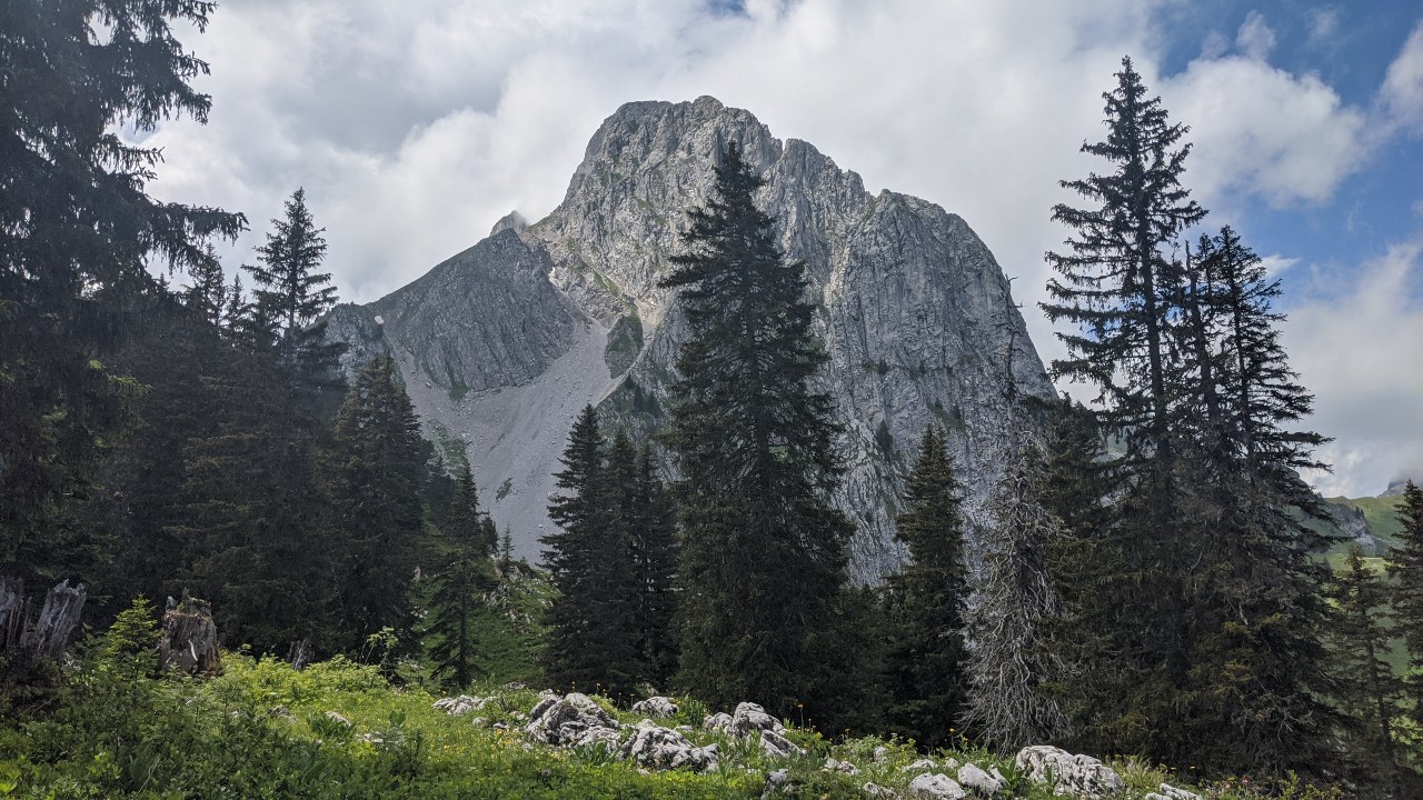 Die Gummfluh vom Via Alpina Wanderweg in der Nähe des Col de Jable gesehen