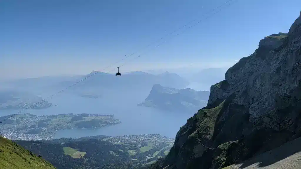 Lake Lucerne and cable car to Pilatus seen from hike to Mount Pilatus.