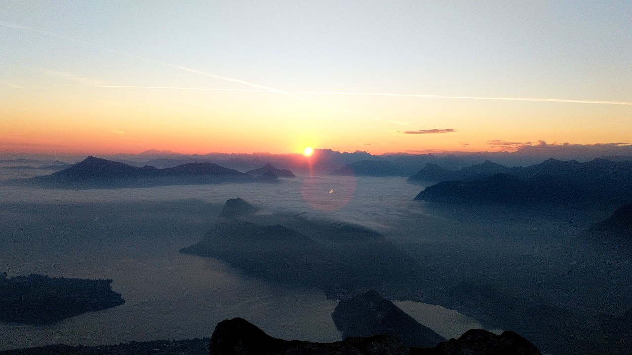 Sunrise over the Swiss Alps seen from Mount Pilatus