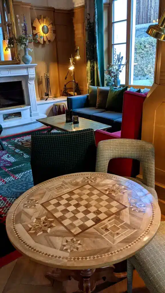 A table that can be used as a chess board in the lobby