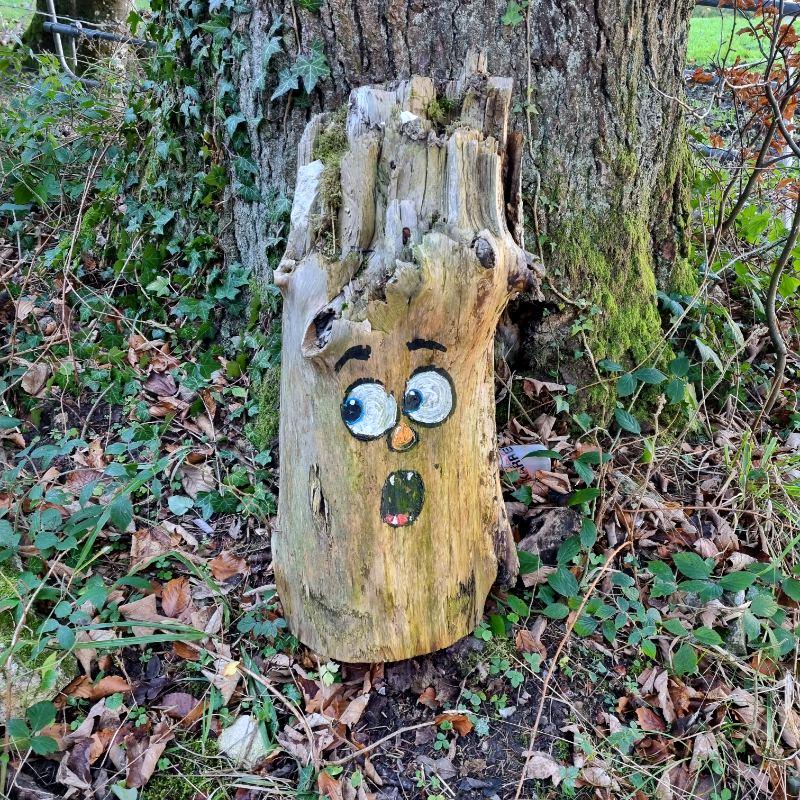 Ein Baumstruck wurde mit einem Gesicht bemalt - gesehen auf der Wanderung Nunningerberg
