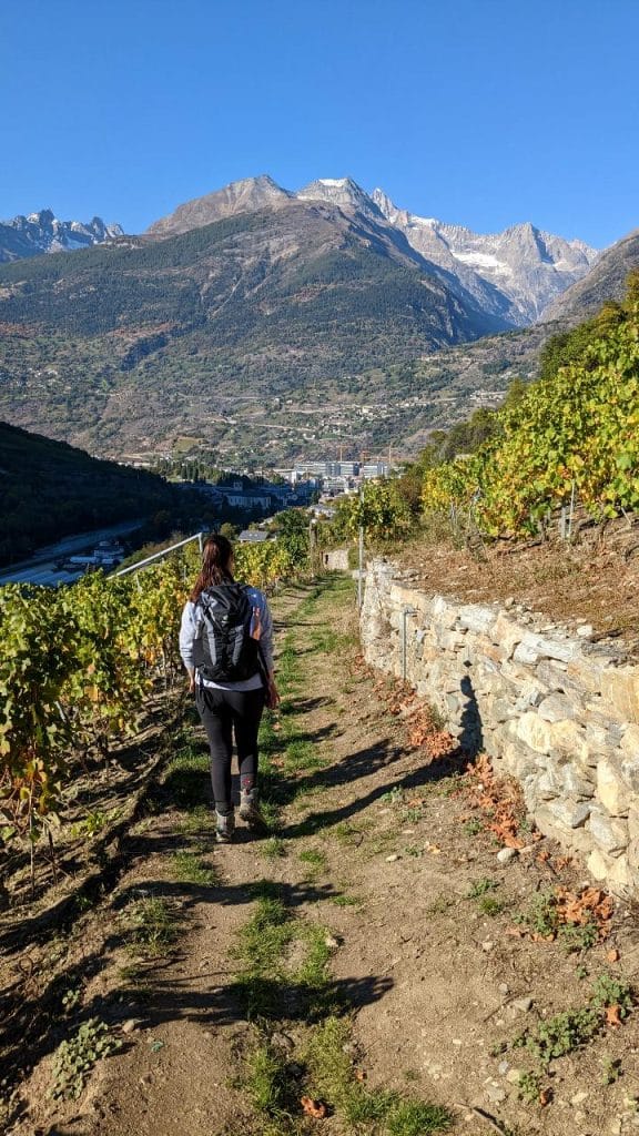 Solene walks down a trail between the vine terraces. In front of her, some mountains of Valais can be seen.