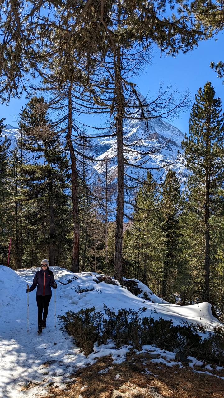 Solène poses with hiking poles for a photo in front of the Matterhorn on the hike from Riffelalp to Zermatt. In the picture, you can see some firs and a snow-covered path.