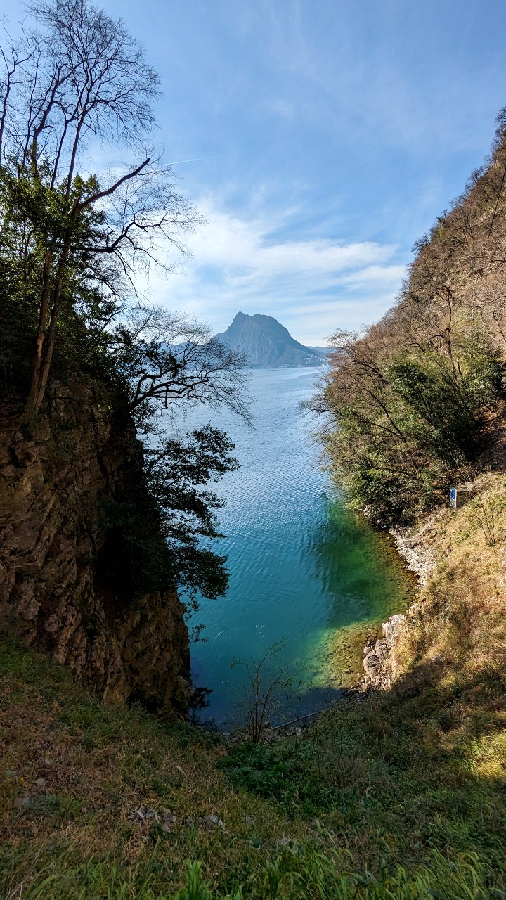 Pure vacation feeling on the Sentiero dell'olivo (Olive Trail). In the bay of Gandria with view on Lago di Lugano and Monte San Salvatore