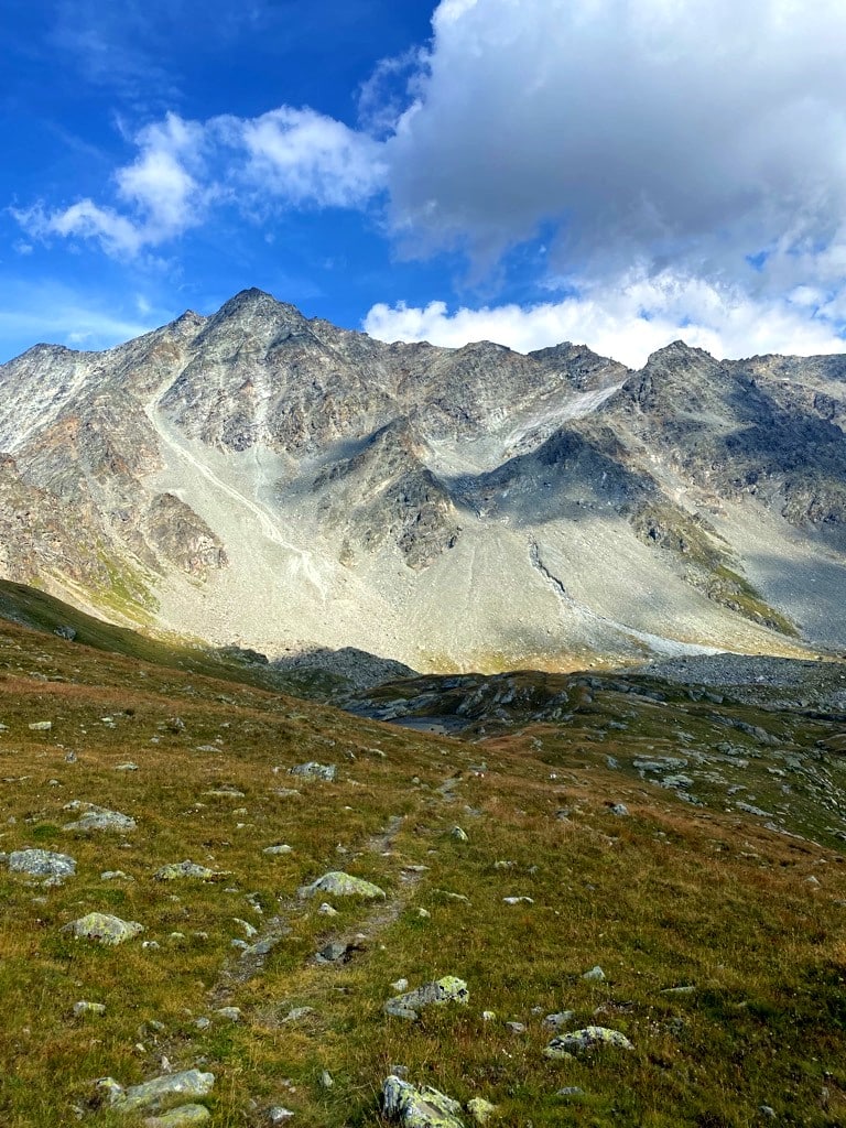 View of Piz Corvatsch while hiking in the Fex Valley