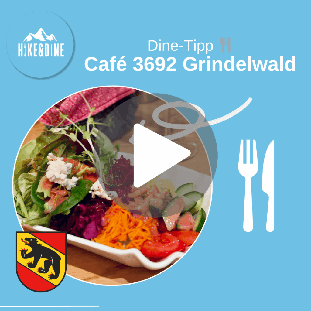 Video-Thumbnail: Matthias von Hike&Dine stellt das Café 3692 in Grindelwald vor. Die Grafik zeigt regionalen Genuss, das Berner Wappen und einen Play-Button vor kulinarischer Kulisse.