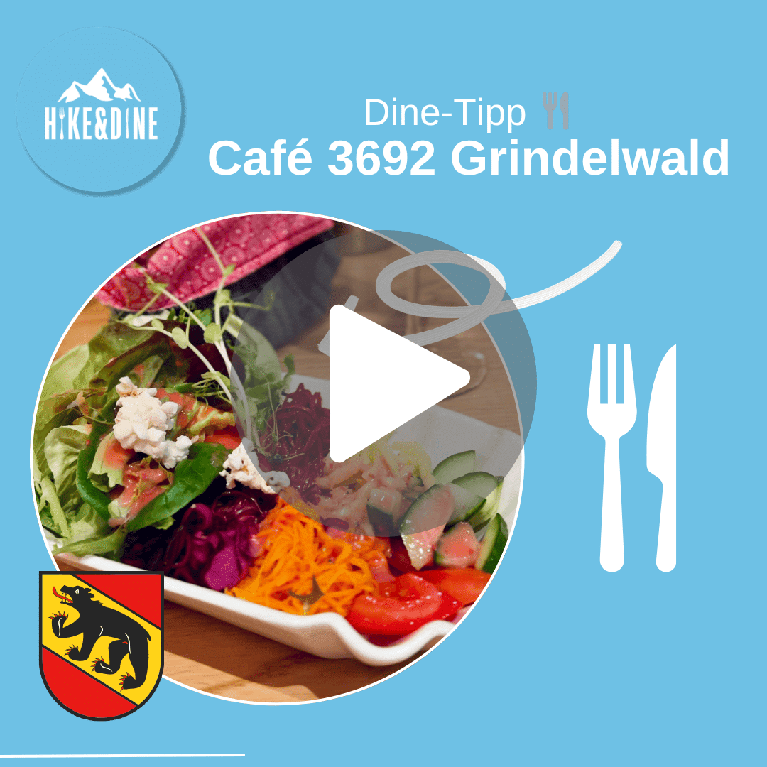 Video-Thumbnail: Matthias von Hike&Dine stellt das Café 3692 in Grindelwald vor. Die Grafik zeigt regionalen Genuss, das Berner Wappen und einen Play-Button vor kulinarischer Kulisse.