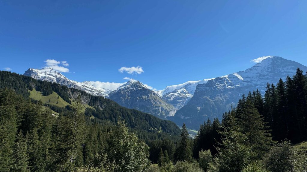 Weitwinkel-Aufnahme des Bergpanoramas von Grindelwald mit Wetterhorn, Schreckhorn und Eiger.