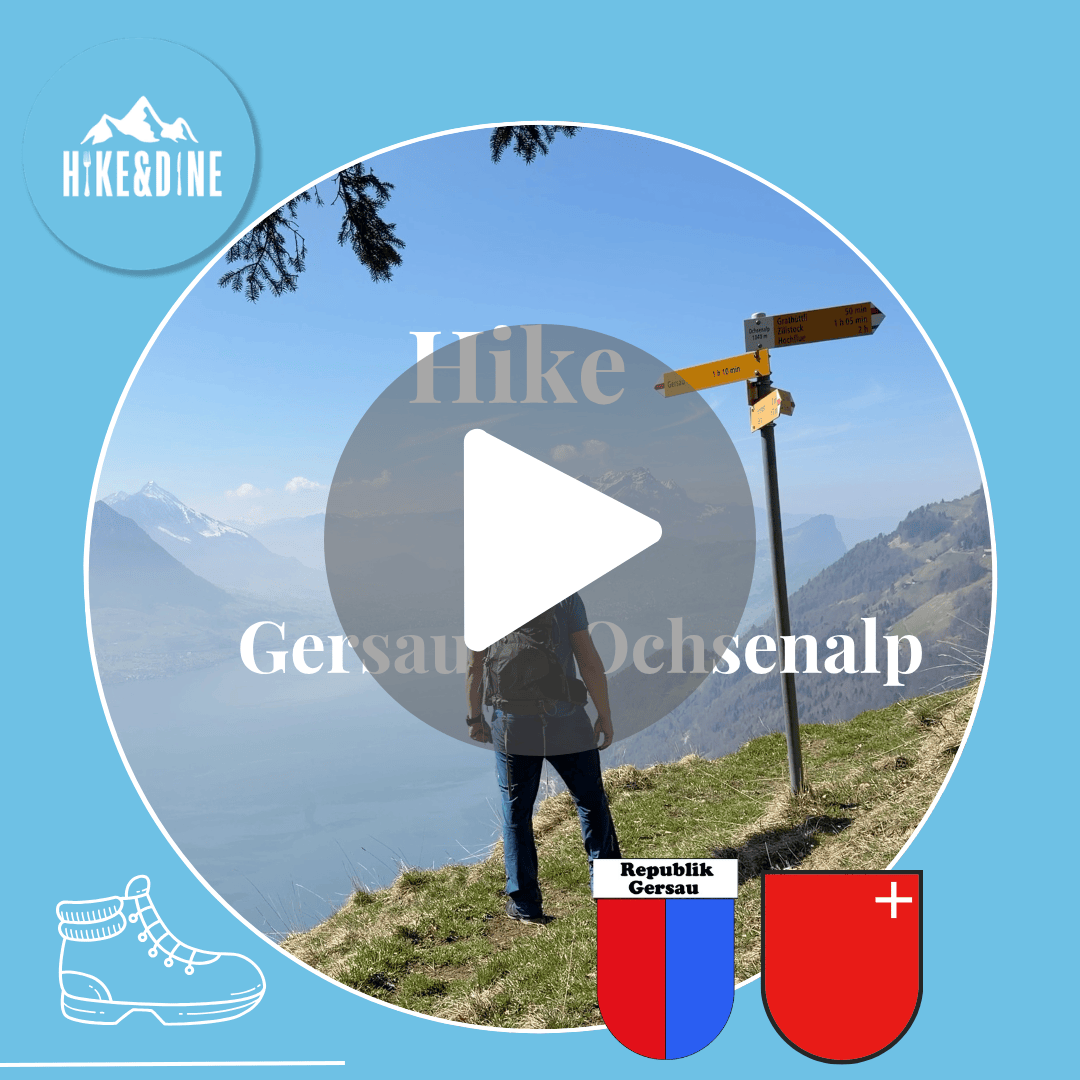 Ein Wanderer auf dem Weg zur Ochsenalp in Gersau, im Hintergrund die Berge am Vierwaldstättersee. Hike Tipp Cover-Bild von Hike&Dine.